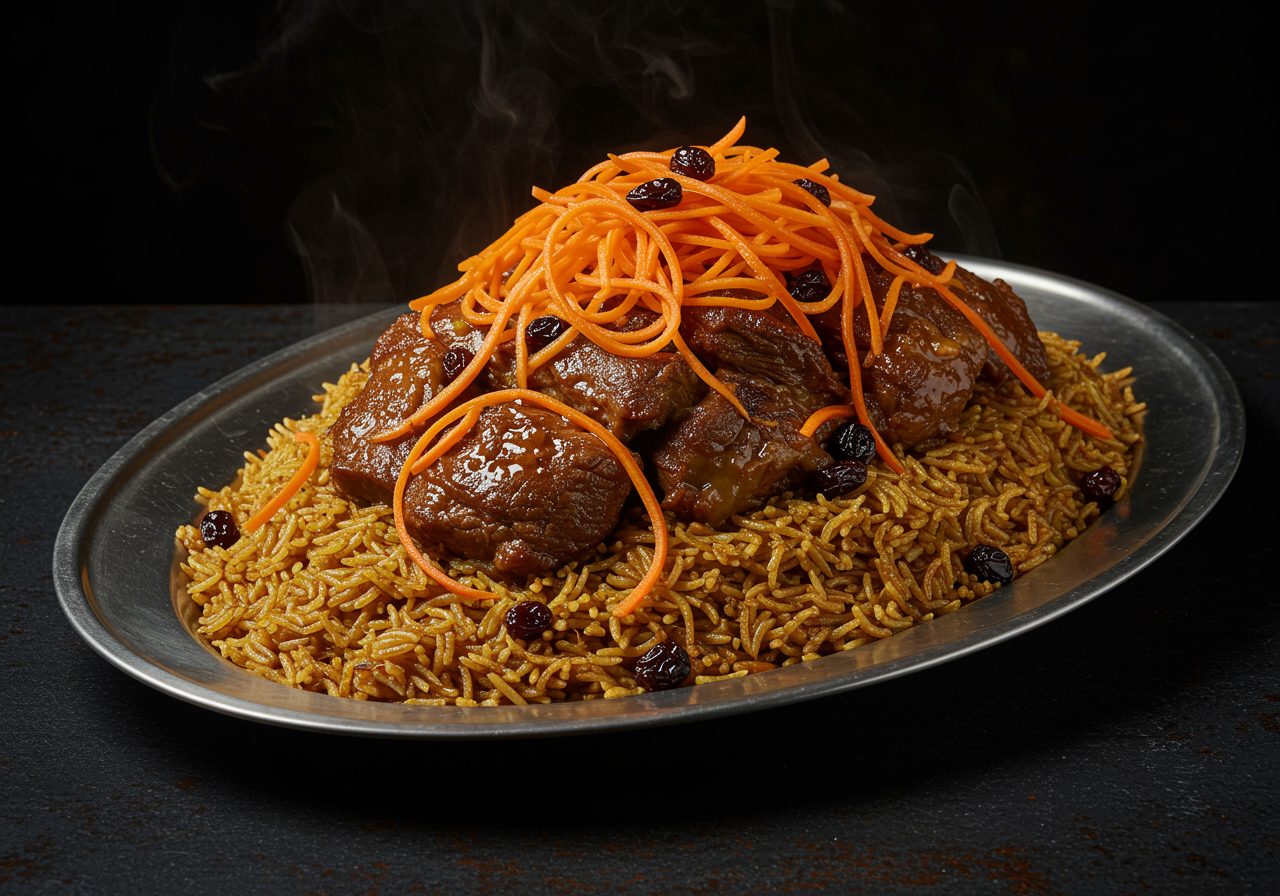 Kabuli palaw: a platter of rice piled with carrots and raisins over slow-cooked lamb